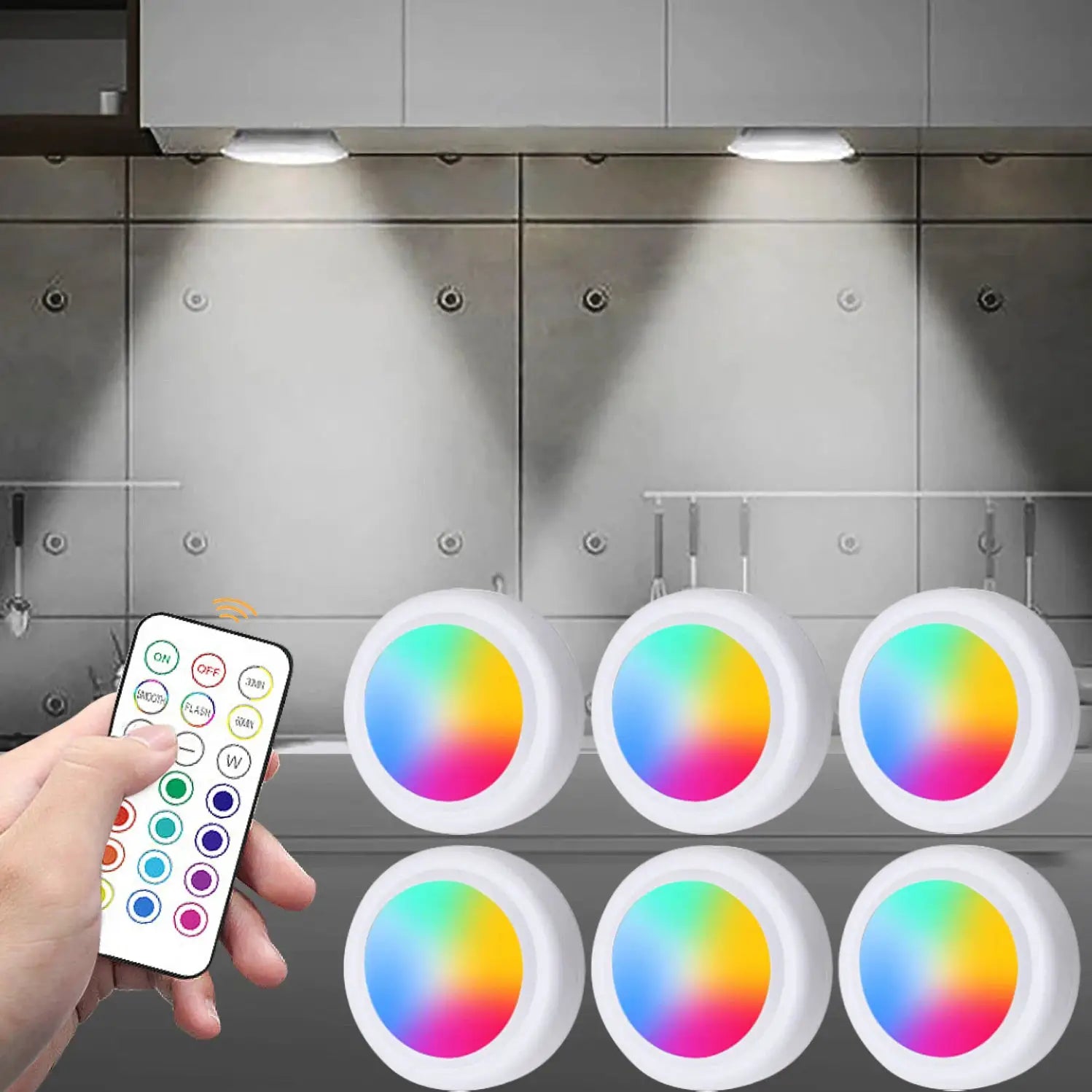 Set of RGB wireless LED puck lights for under-cabinet use with remote and dimmable brightness