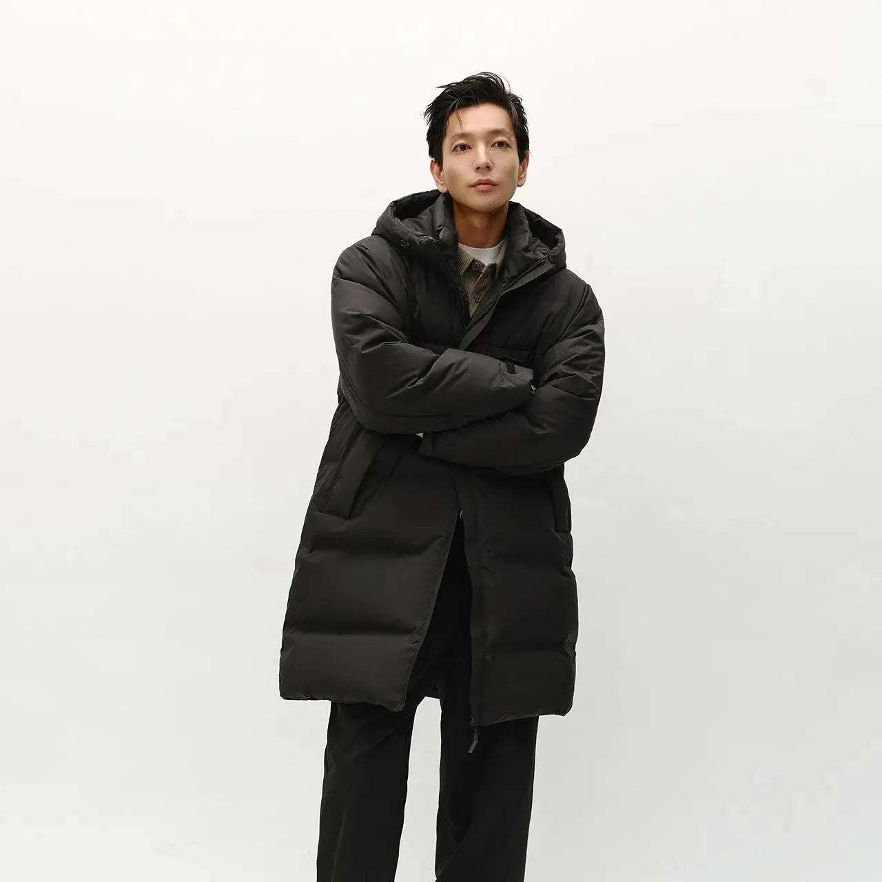Semir men's long hooded black down puffer jacket, loose fit for winter outerwear