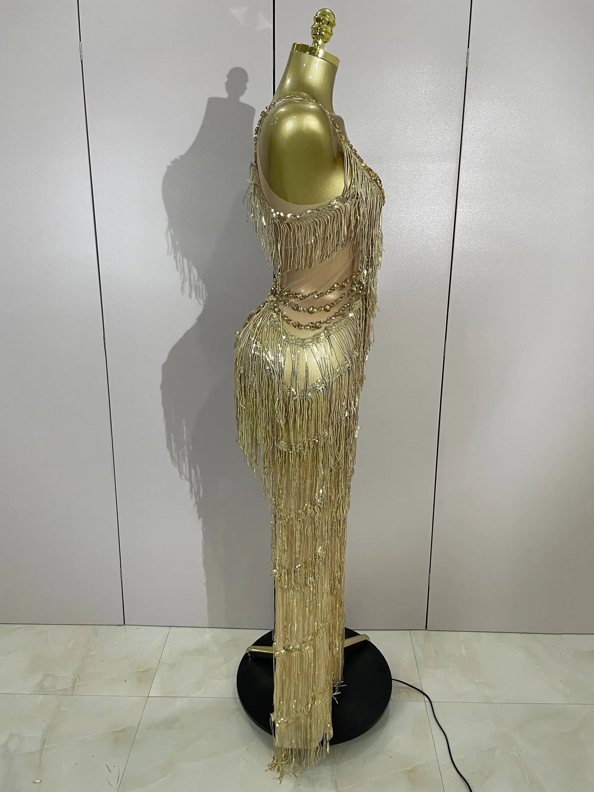 Simples Market gold-tone rhinestone fringe jumpsuit for stage performance costume