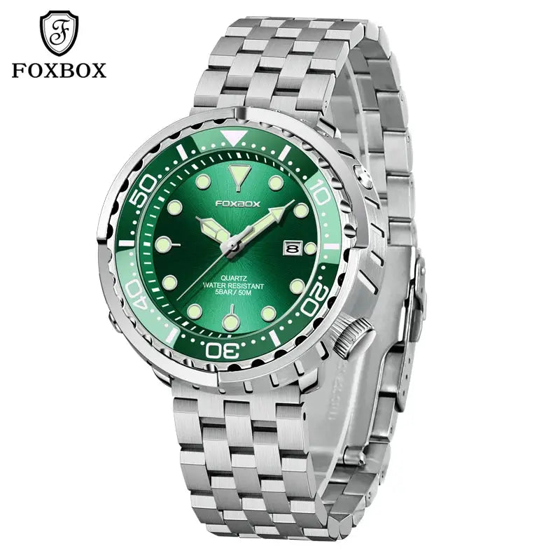 FOXBOX quartz men's wristwatch with green dial and stainless steel bracelet