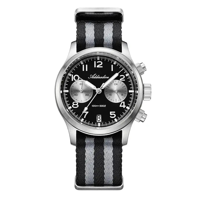Addiesdive men's 39mm stainless steel watch with black dial, silver subdials, striped black-gray nylon strap