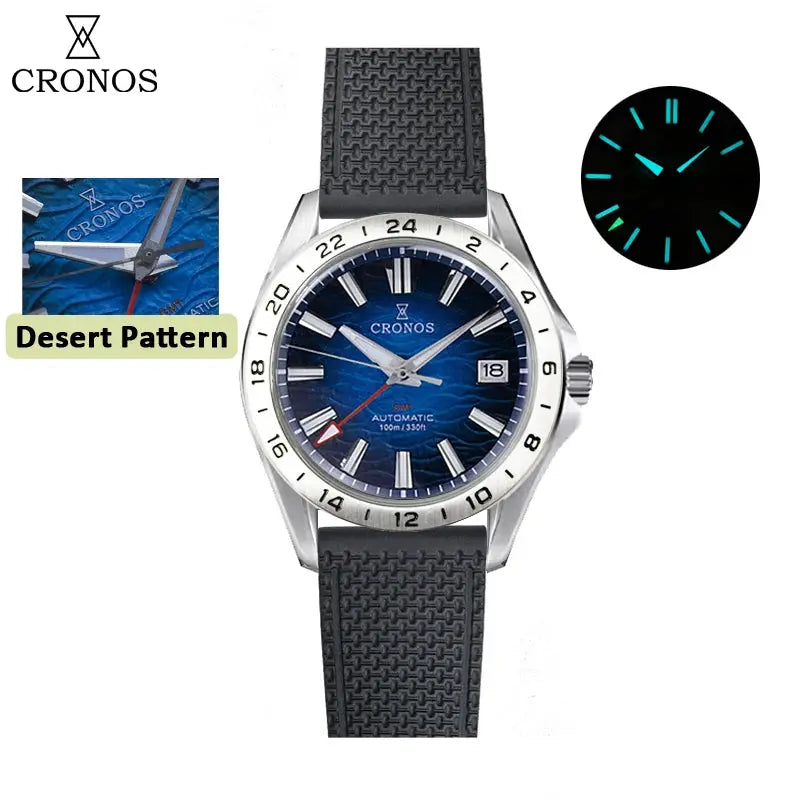Cronos GS mechanical men’s watch, 39mm; birch pattern blue dial, automatic, brushed bracelet