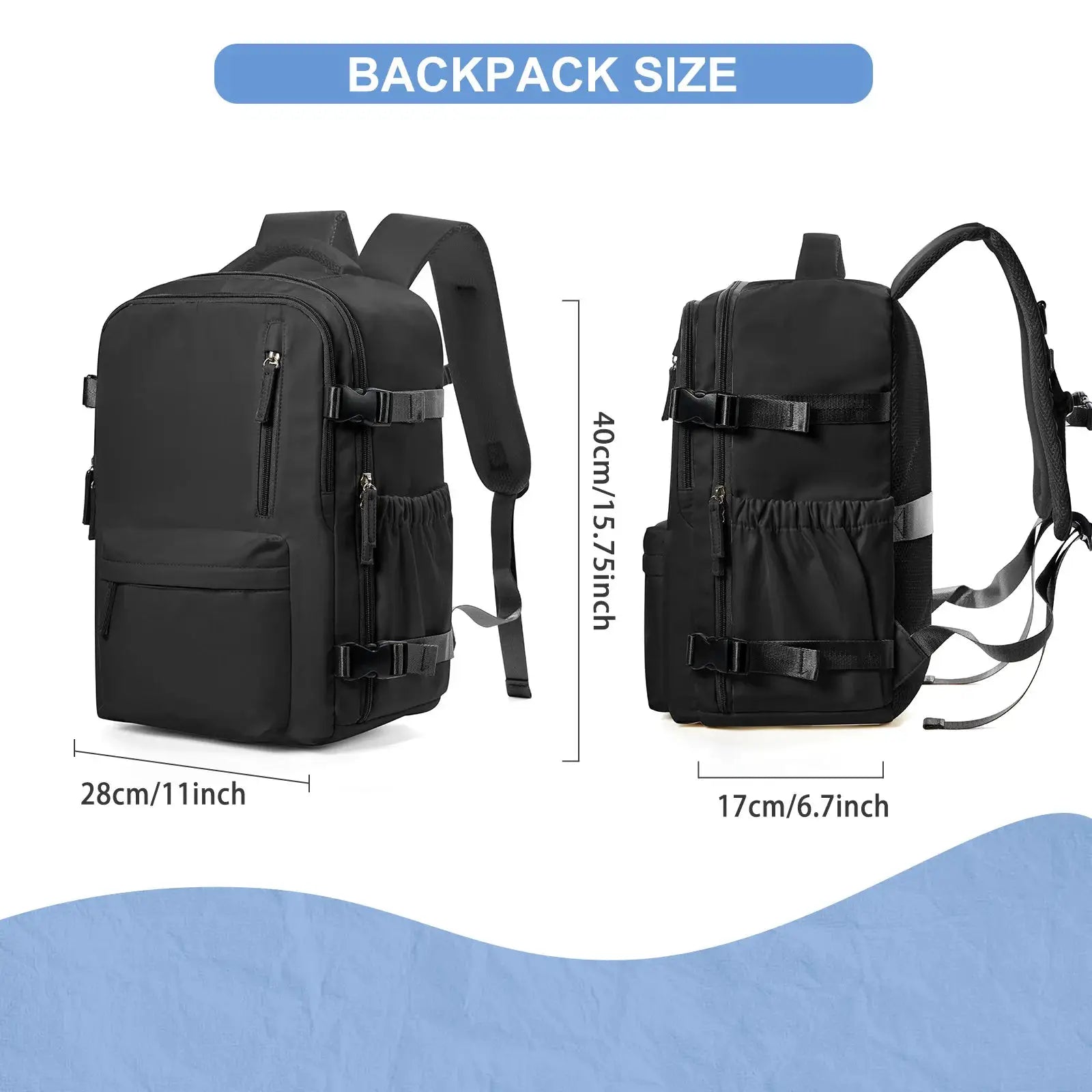 Cabin travel backpack by Simples Market, black, 40x30x20 cm carry-on for 15.6-inch laptops, dual-view.