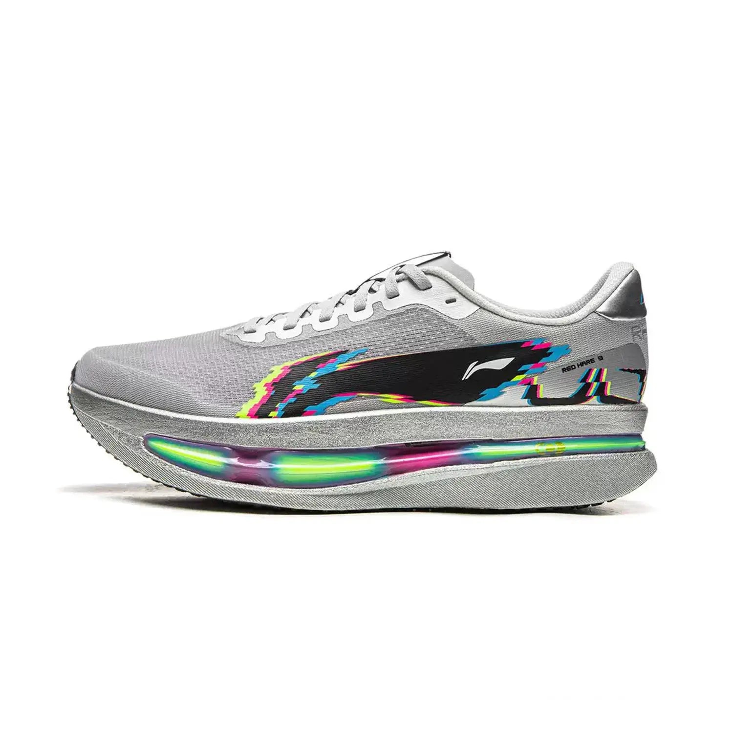 Li-Ning men's Red Hare 9 Ultra racing shoe; gray mesh upper with colorful side graphic and rainbow midsole