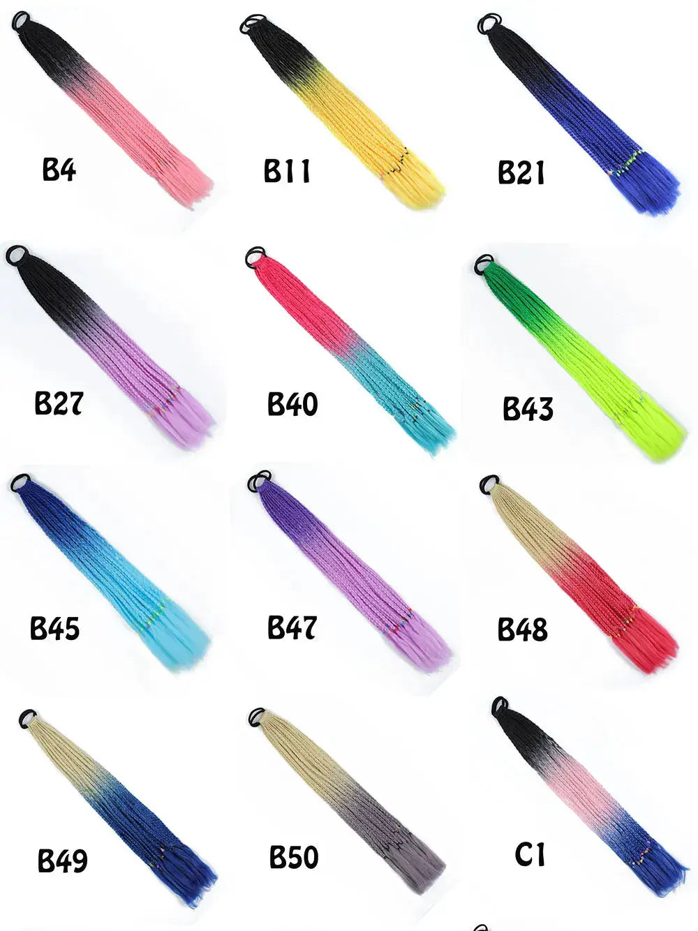 Synthetic gradient braided ponytail extensions by Simples Market, 24-inch with elastic band, rainbow color set of 12