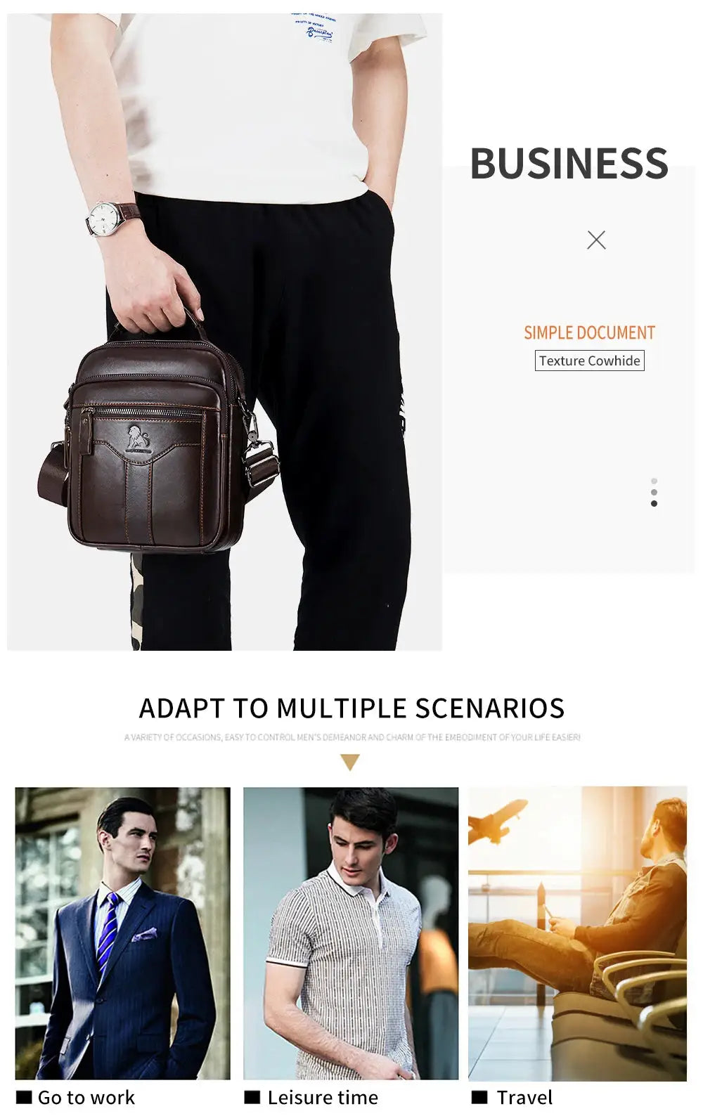 Men's crossbody bag in brown top-layer cowhide leather with front zip pockets, adjustable strap, Simples Market.
