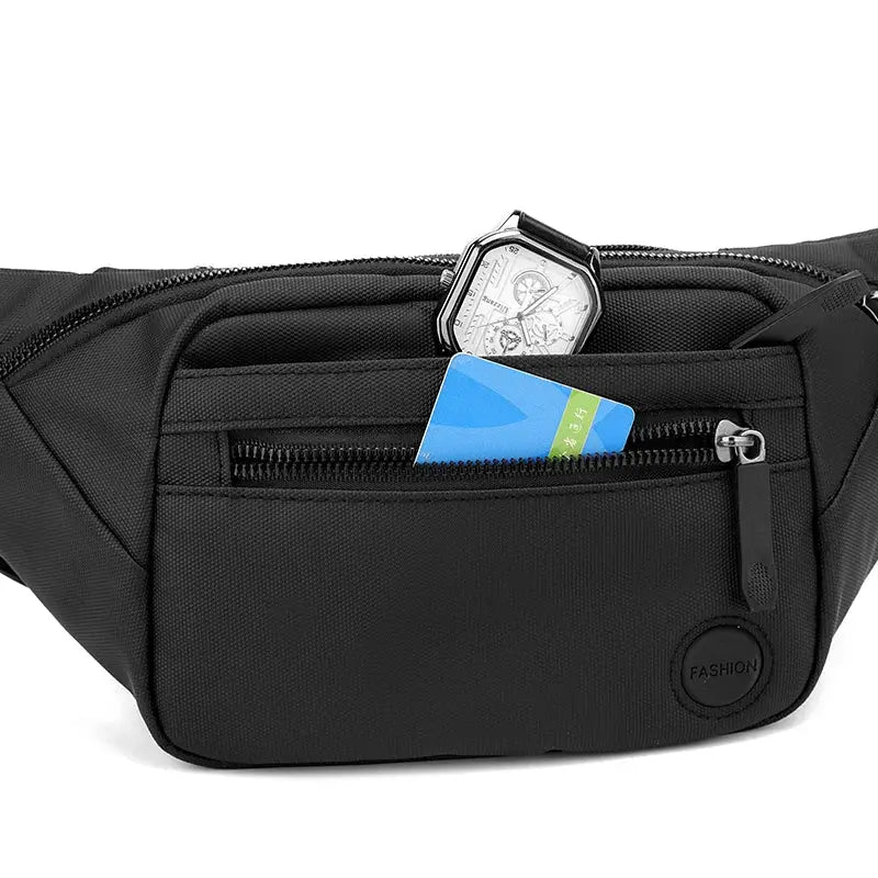 Waist bag black waterproof, unisex with front zip pocket