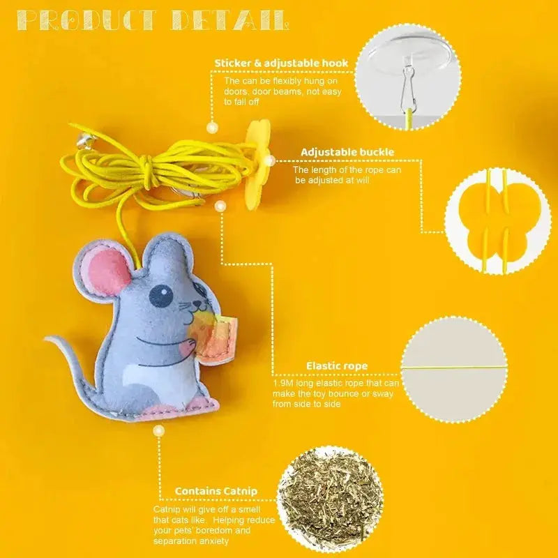 Feather Ball Caterpillar Cat Toy, gray plush mouse with pink ears, yellow retractable rope and hanging loop.