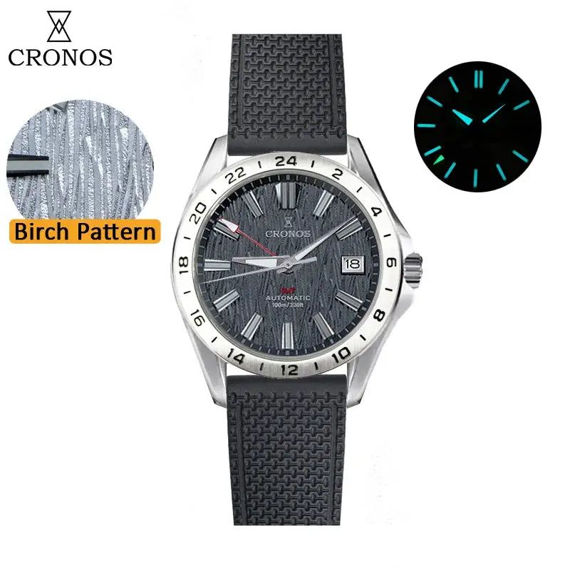 Cronos GS mechanical men's watch by Simples Market, 39mm case with birch-pattern dial and brushed bracelet