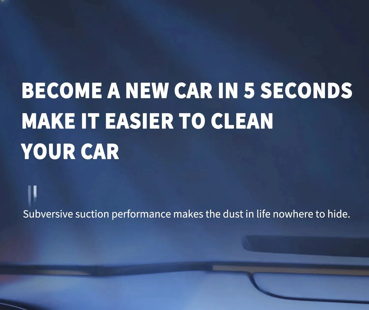 Car vacuum cleaner promo banner with bold white text on a blue gradient background and a hint of a car interior