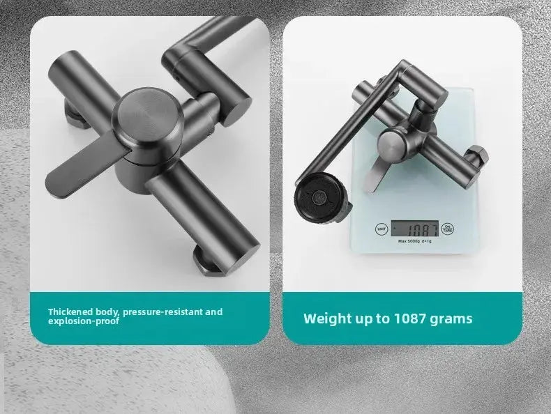 Wall-mounted kitchen faucet by Simples Market; stainless steel, 4-mode, 360° rotation.