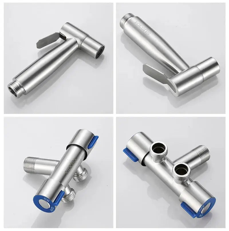 Handheld bidet sprayer set by Simples Market, stainless steel with blue lever valves