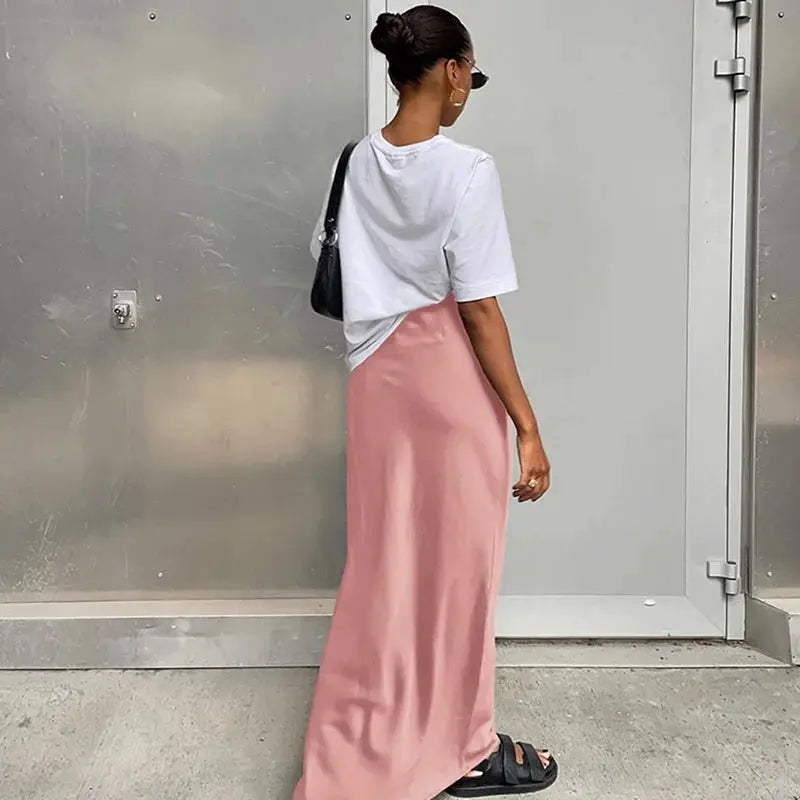 Pink satin long skirt with high waist, solid color, for women's office-friendly spring/summer fashion