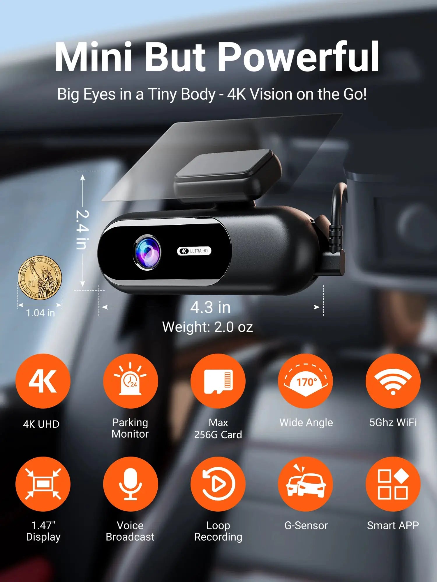 Simples Market dash cam for cars, 4K UHD front and rear with HDR night vision and Wi-Fi parking mode