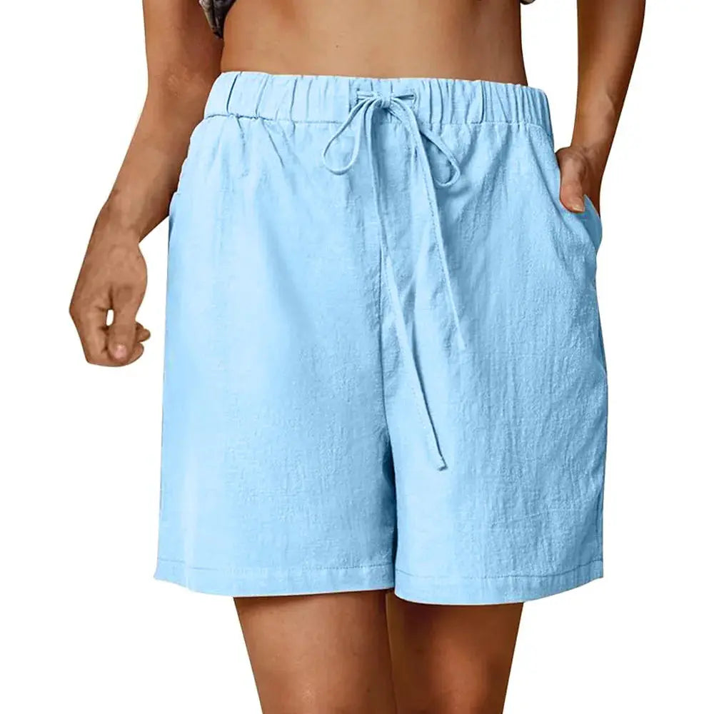 Women's light blue cotton-linen shorts with drawstring, loose fit and pockets