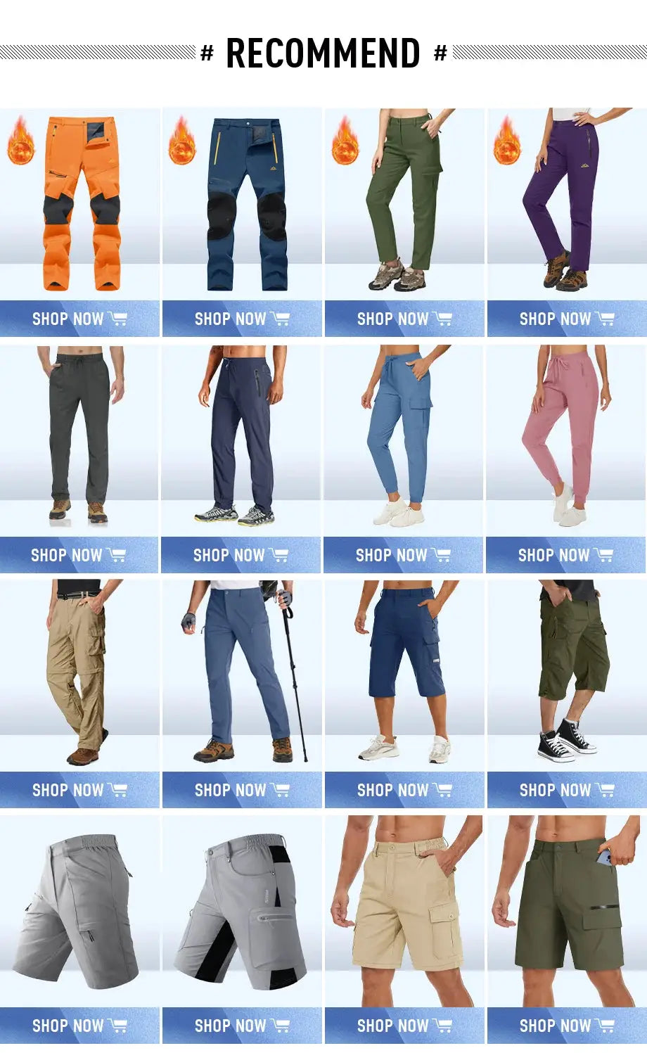 Outdoor pants collage: 16 hiking pants and shorts in assorted colors, by Simples Market