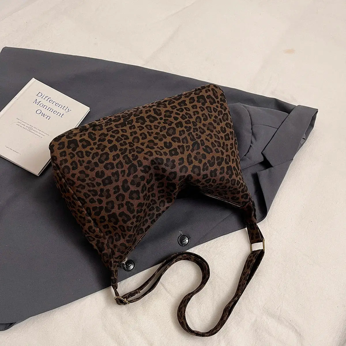 Leopard print women's shoulder bag, brown soft textile, large-capacity crossbody for commute