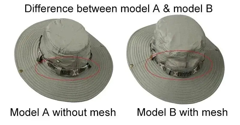 Summer men's bucket hat pair in grey; one without mesh and one with mesh for ventilation