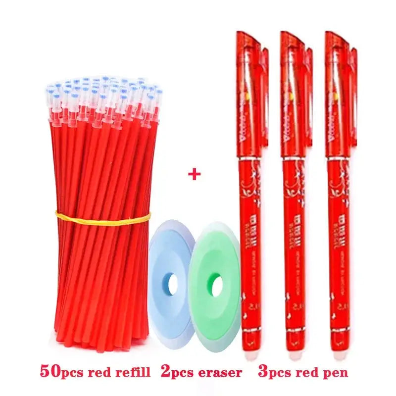 Simples Market 55pcs erasable gel pen set (0.5mm) with 50 red refills, 2 erasers, and 3 red pens
