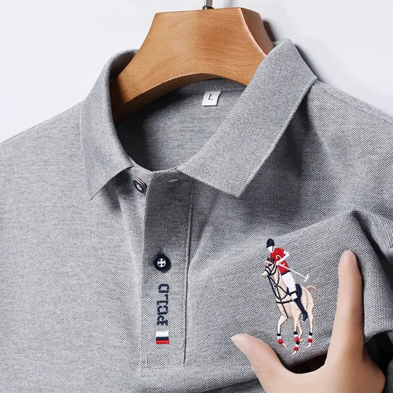 Men's gray short-sleeved polo shirt with embroidered polo player emblem