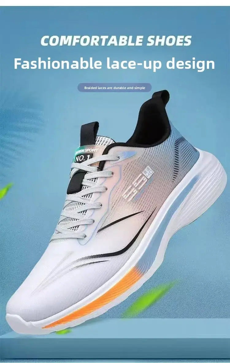 Men's running shoes from Simples Market, white lace-up sneakers with orange midsole accent.