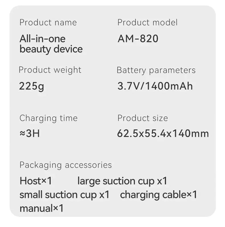 All-in-one beauty device AM-820 by Simples Market, 225g, 3.7V/1400mAh; includes suction cups and manual