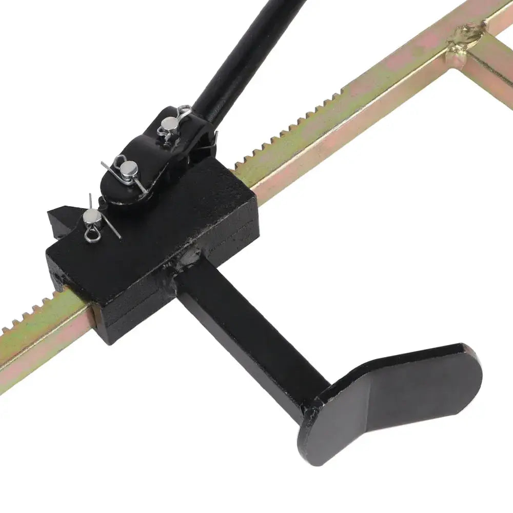 Tire bead breaker tool for manual tire changer; steel bar with black lever and gold-tone serrated edge.