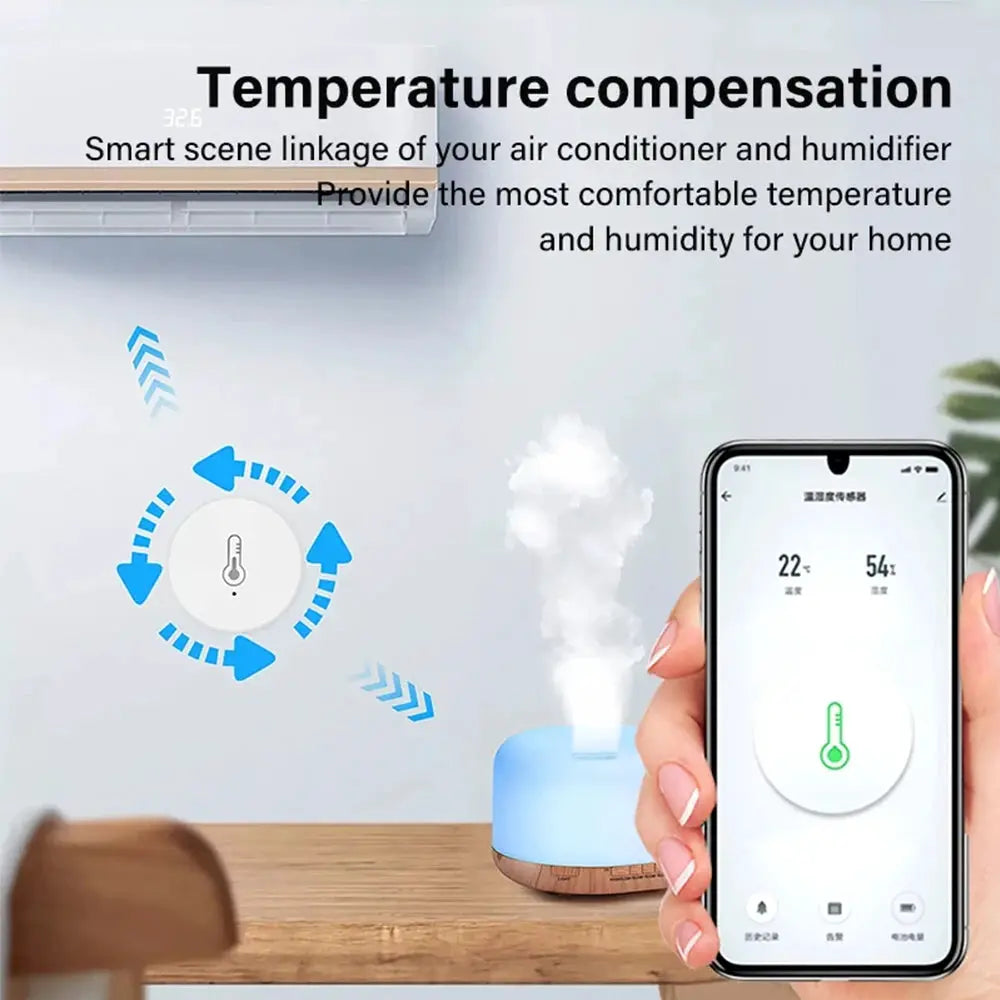 Tuya Zigbee temperature and humidity sensor; white round hygrometer with indicators beside a blue humidifier and app.