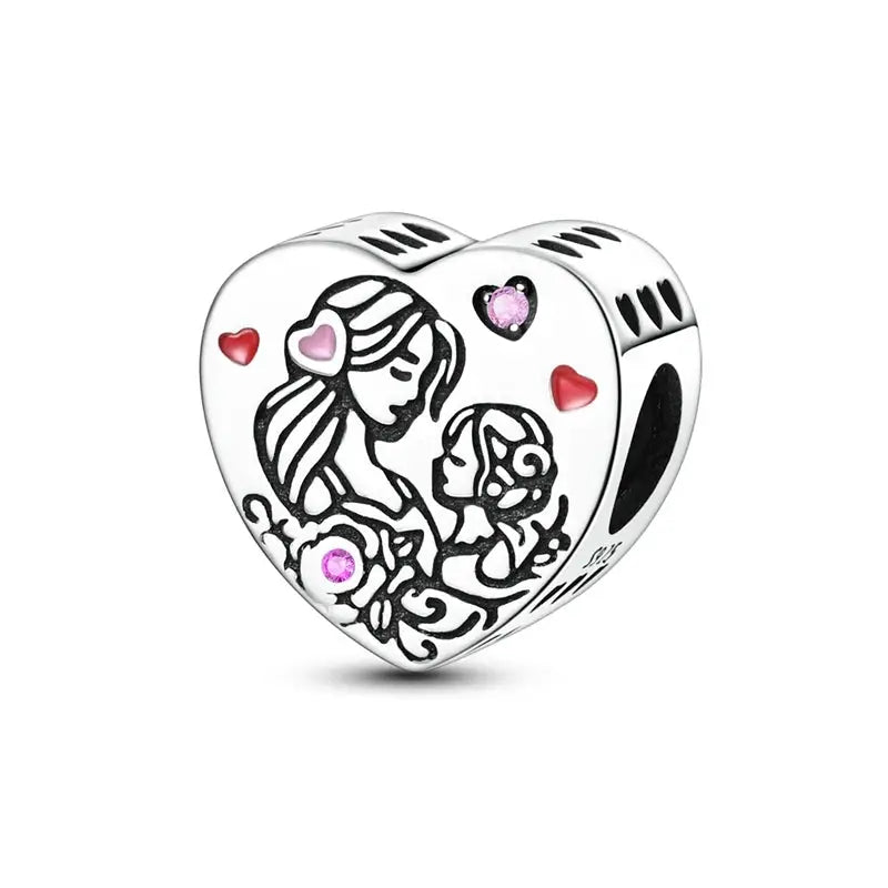 Mother's Day 925 Sterling Silver Heart Charms Beads Dangle For Bracelets Love Mom Jewelry Gift