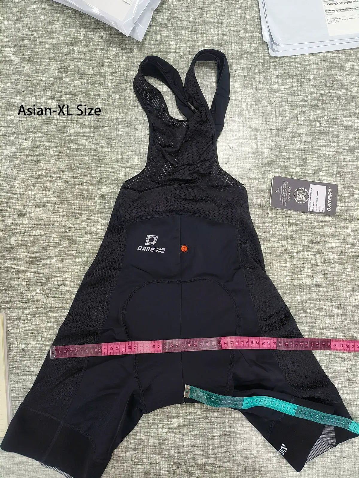 DAREVIE black cycling bib shorts with mesh panels and logo, Asian-XL size.