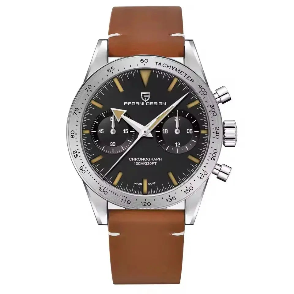 PAGANI DESIGN retro luxury quartz men's watch with brown leather strap, black chronograph dial, stainless steel case, tachymeter bezel