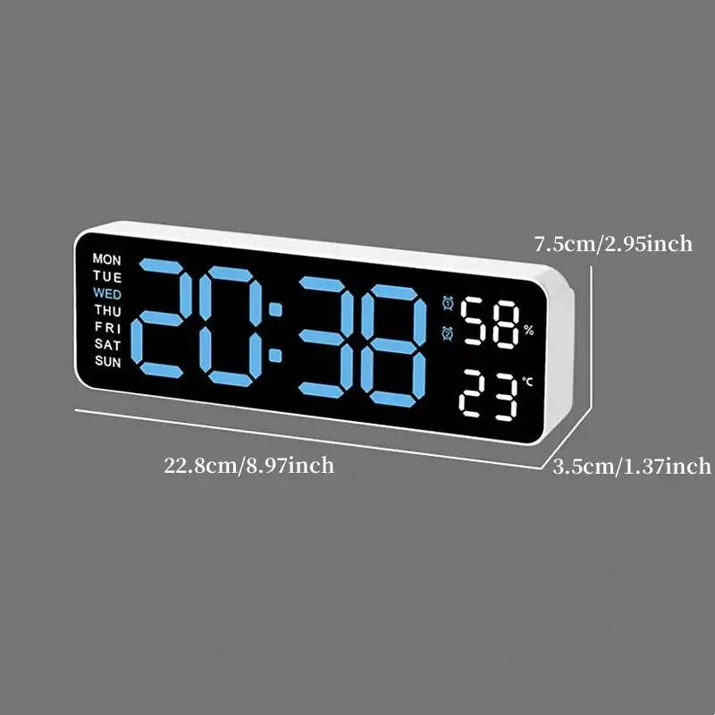 Simples Market 9-inch USB LED digital wall clock with week display; time 20:38, humidity 58%, temp 23°C, white frame