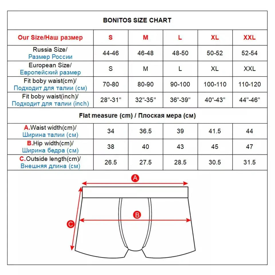 Men's cotton print boxers by Simples Market; size chart showing A waist width, B hip width, C outside length