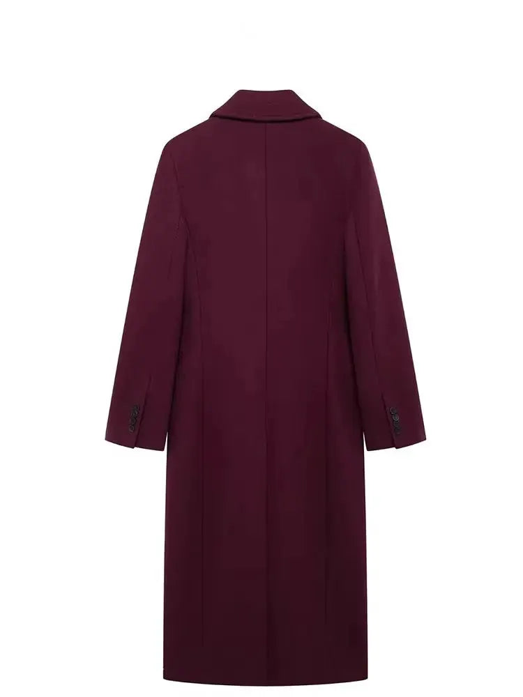 HH Women Burgundy Coat Double Breasted Long Sleeve Lapel Blended Outerwear for Autumn and Winter