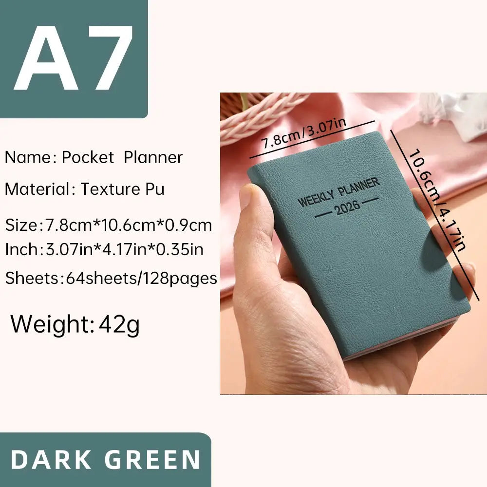 A7 daily planner notebook with Morandi PU cover in dark green, 2026 weekly calendar by Simples Market