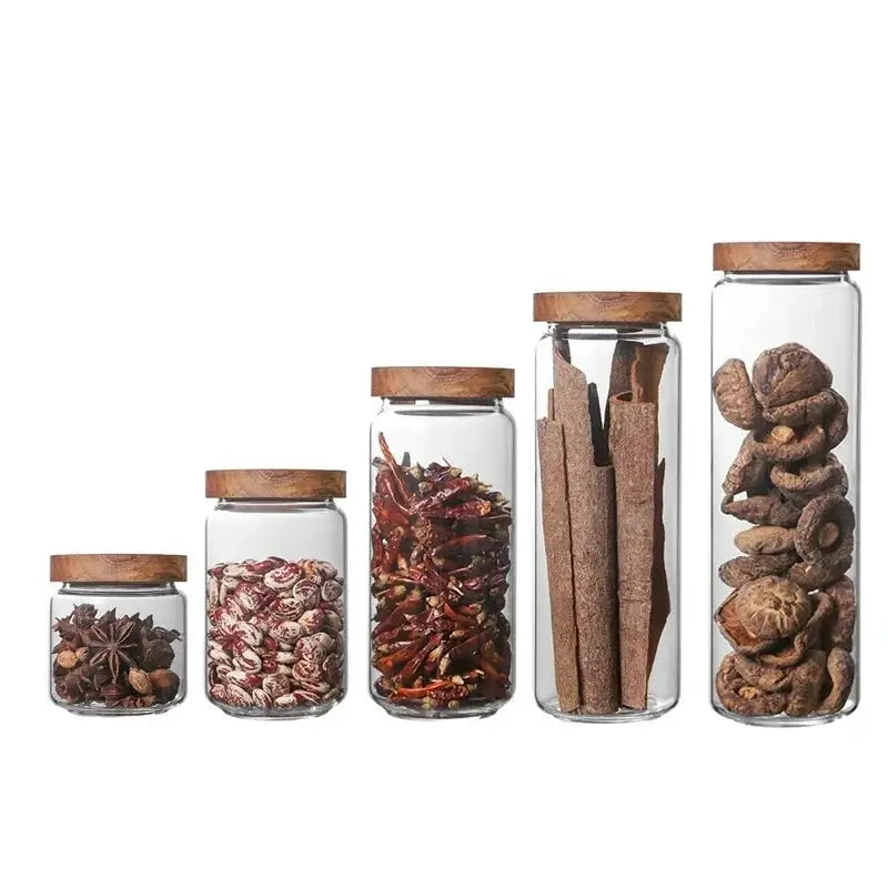 Glass Canister Set With Wooden Lids Airtight Jars For Kitchen Storage Cereal Dispenser And Pantry Organization