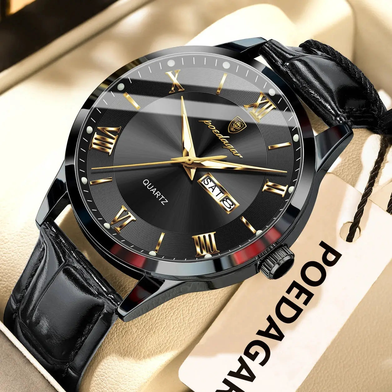 POEDAGAR Original Men Leather Strap Quartz Watch Luminous Waterproof Stainless Steel Case Timepiece