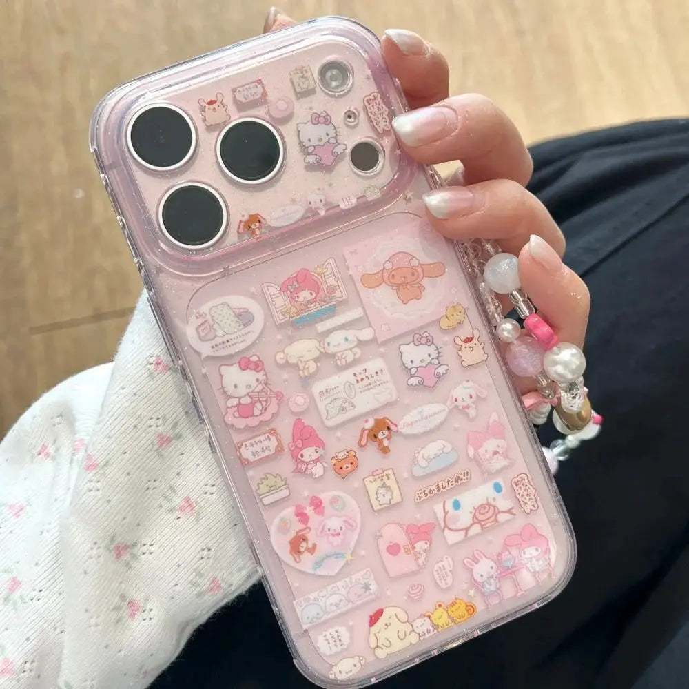 iPhone case pink clear with Hello Kitty Melody cartoon stickers and an attached pendant bracelet