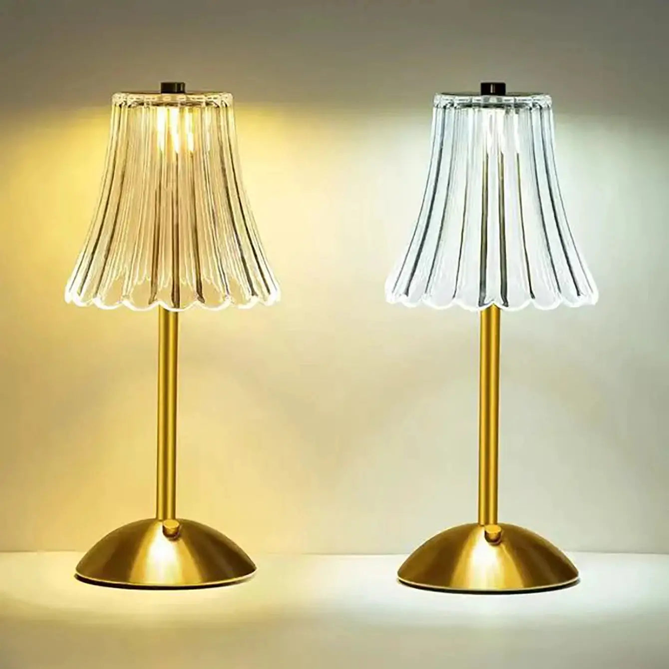 Pair of crystal retro table lamps with pleated glass shades and gold-tone bases.
