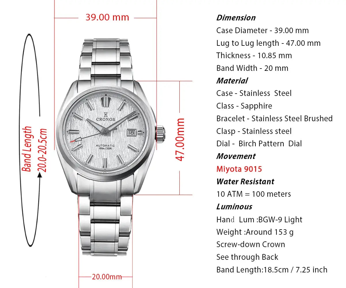 Cronos men's watch by Simples Market, 39mm stainless steel case/bracelet with birch-pattern dial