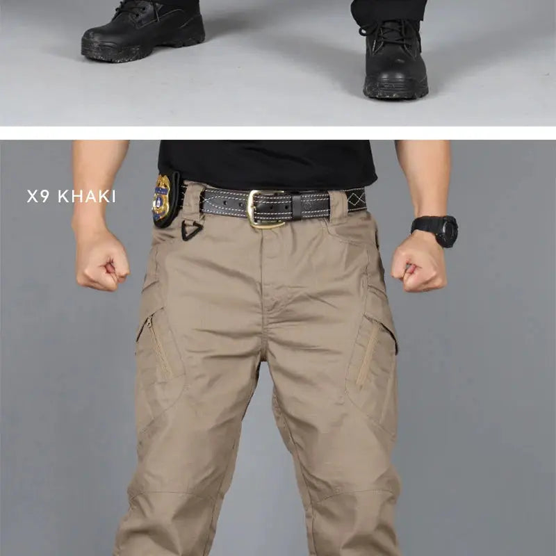 Tactical cargo pants for men in khaki with multiple pockets and belt