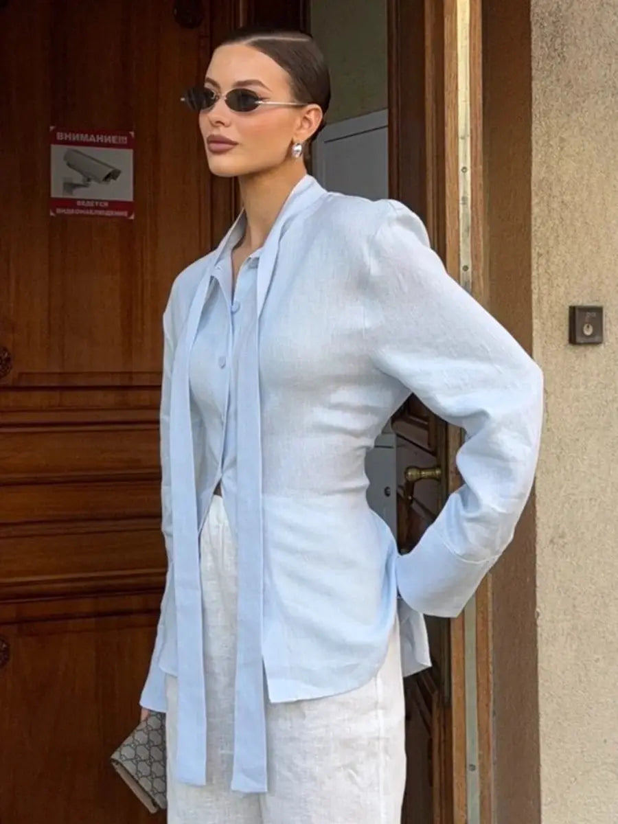 Wolfeel 100% cotton tie-belted shirt cardigan, light blue floating ribbon cardigan top for women by Simples Market