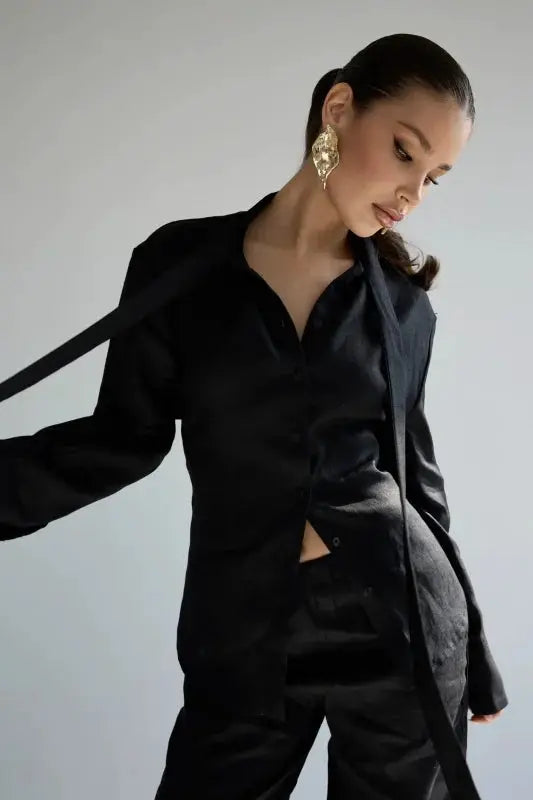 Wolfeel black belted cotton shirt cardigan for women with tie belt, slim blouse style