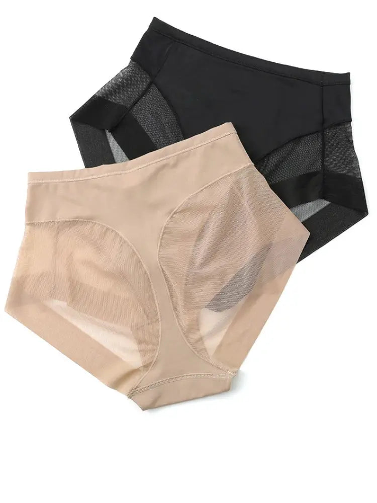 Womens slimming high-waist shapewear panties set, beige and black with mesh panels; 3-pair briefs in sizes S-XL