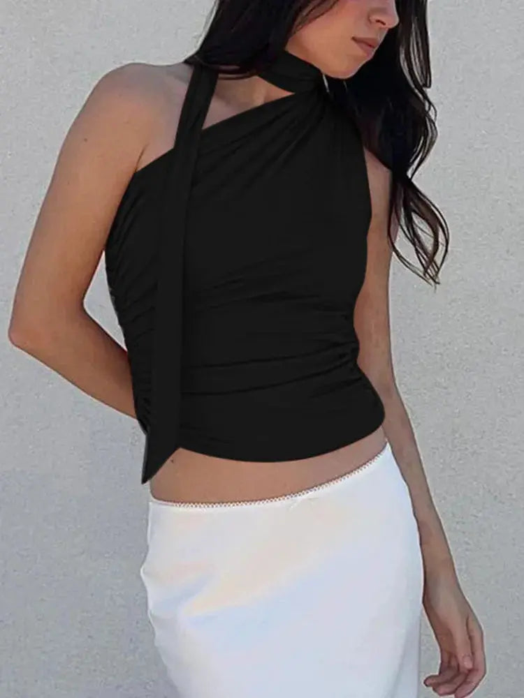 TrendAura Backless Off Shoulder Halter Tank Top Vintage Y2K Sleeveless Crop Top Summer Clubwear