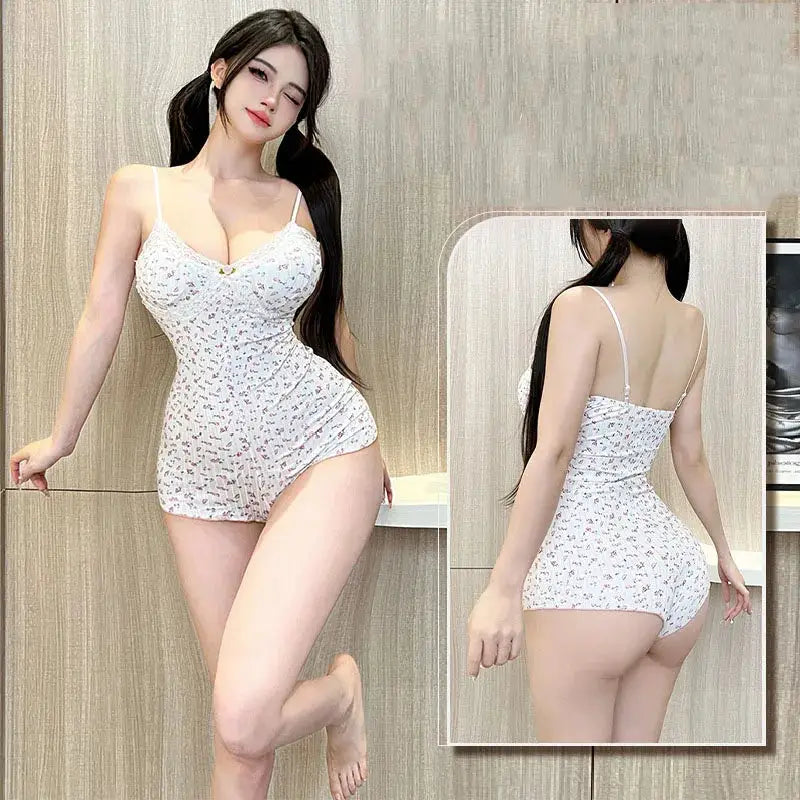 FloraLuxe Floral Print Sleeveless Bodysuit Lace Trim Slim Fit Leotard Romper For Summer Comfort