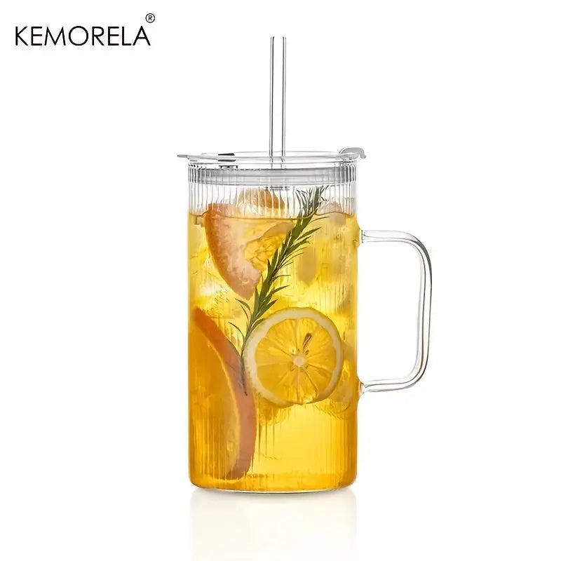 Kemorela 740ml Large Ribbed Glass Tumbler With Handle And Lid Reusable Straw For Iced Coffee