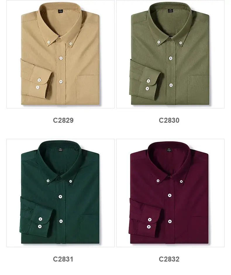 Four men's classic-fit 100% cotton long-sleeve oxford shirts with a single pocket in tan, olive, dark green, burgundy