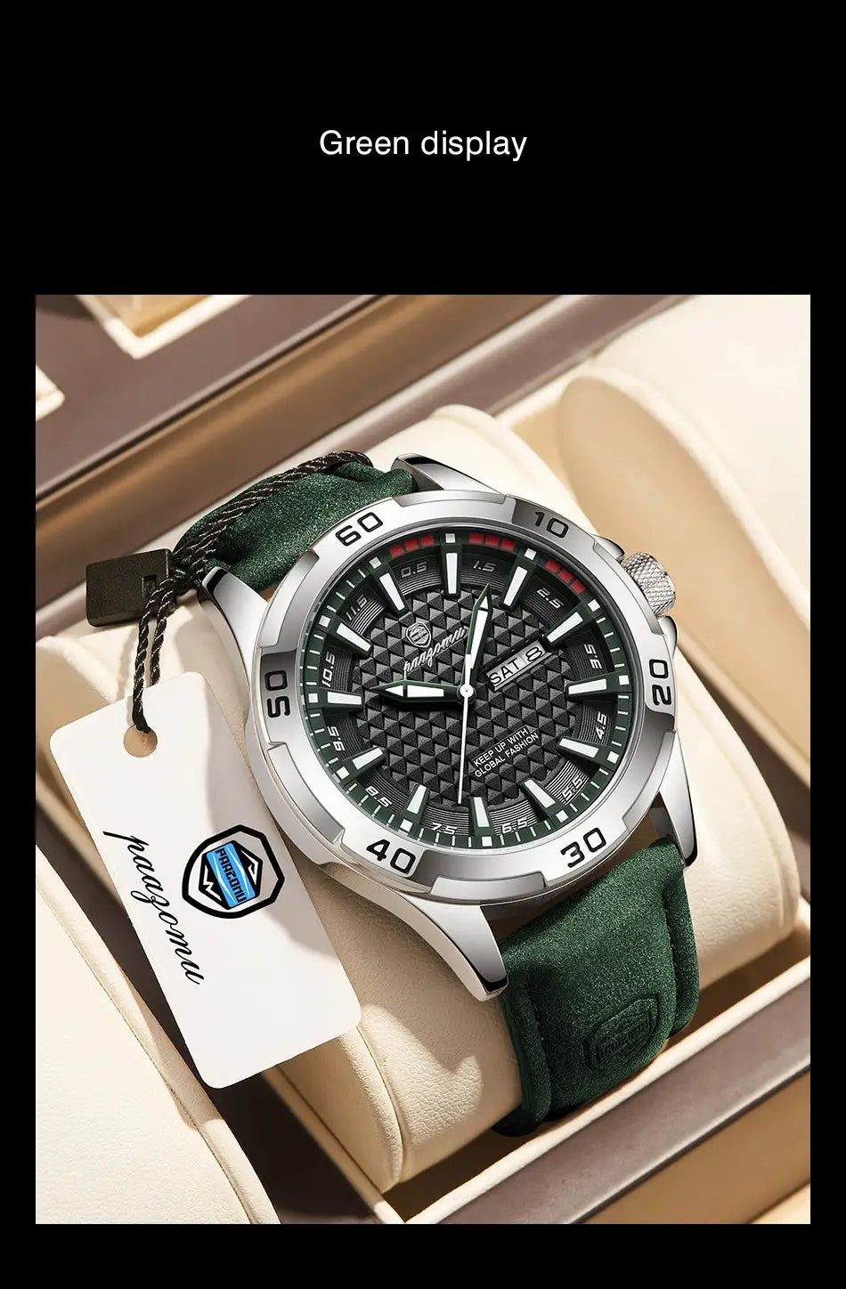 PAAZOMU men's luxury wristwatch with green strap, stainless steel case, black textured dial, luminous hands, date window