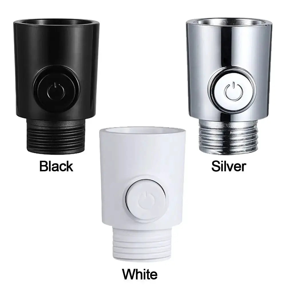 3-pack plastic shower head arm diverters with one-button water pressure control; black, silver, and white finishes.